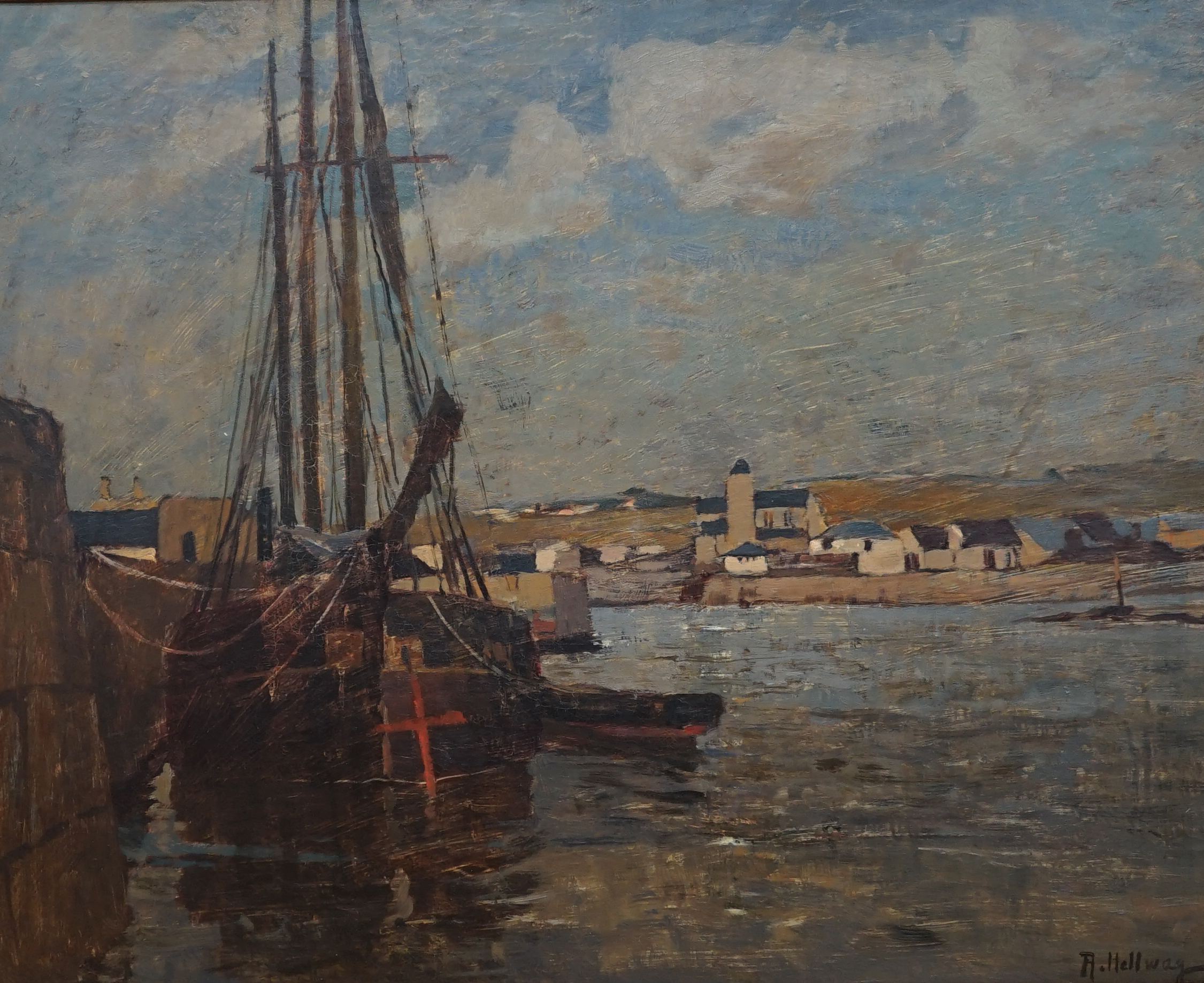 Professor Rudolf Hellwag (1867-1942), oil on canvas, 'Haven in Cornwall', signed, inscribed in ink verso, 58 x 74cm. Condition - fair, some minor losses to the frame